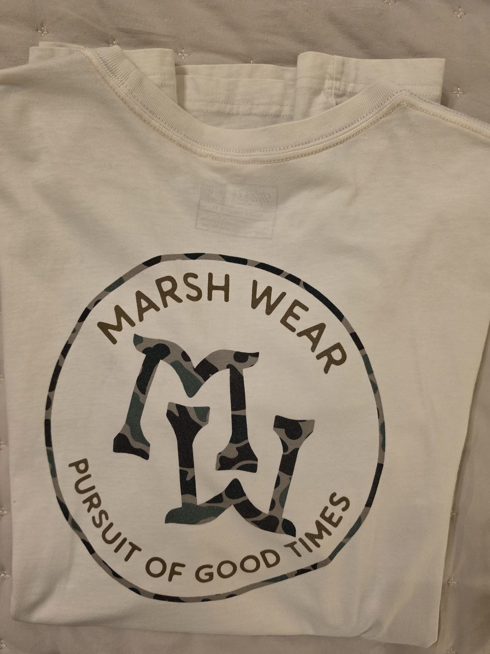 Marsh Wear Men’s Short Sleeve Tee in White with Camo Logo
